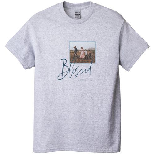 Blessed Script T-shirt, Adult (M), Gray, Customizable front & back, Blue