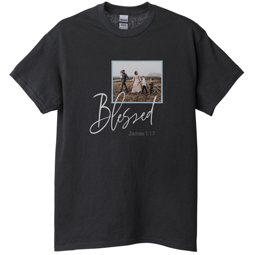 Blessed Script T-shirt, Adult (L), Black, Customizable front & back, Blue