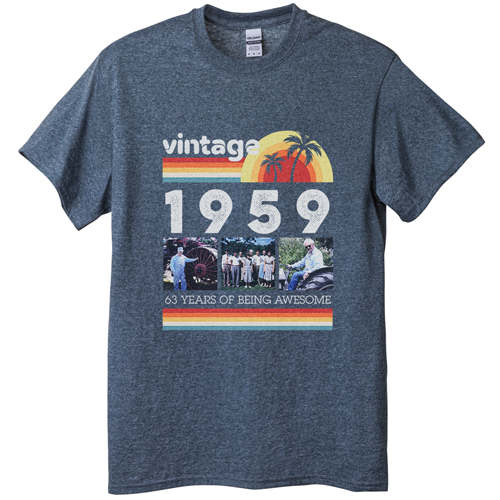 Vintage Birthday T-shirt, Adult (XL), Gray, Customizable front & back, Brown, wood