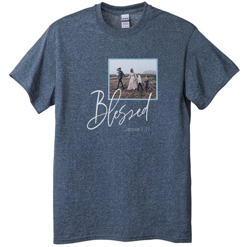 Blessed Script T-shirt, Adult (XL), Gray, Customizable front & back, Blue