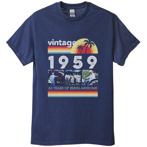 Vintage Birthday T-shirt, Adult (XL), Navy, Customizable front & back, Brown, wood