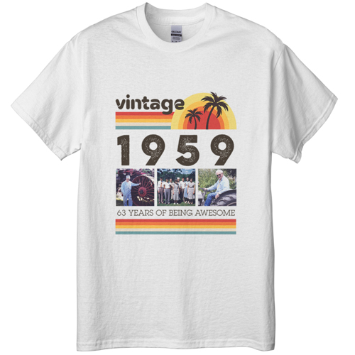 Vintage Birthday T-shirt, Adult (XXL), White, Customizable front, Brown, wood