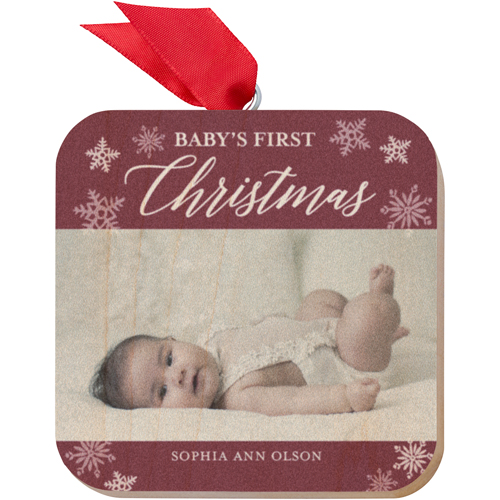 Baby's First Christmas Wooden Ornament, Red, Square