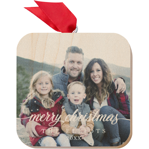 Classic Christmas Script Wooden Ornament, White, Square