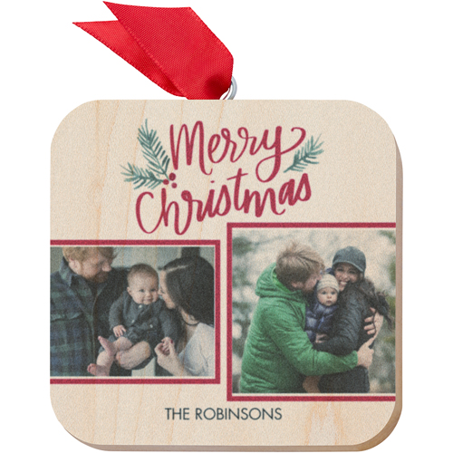Classic Rustic Merry Wooden Ornament, Red, Square