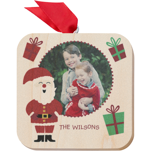 Happy Santa Wooden Ornament, Red, Square