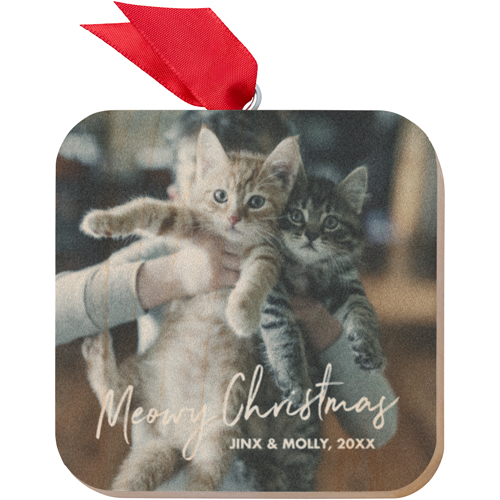Meowy Christmas Wooden Ornament, White, Square