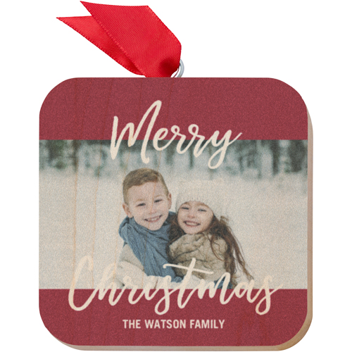 Bold Merry Christmas Wooden Ornament, Red, Square