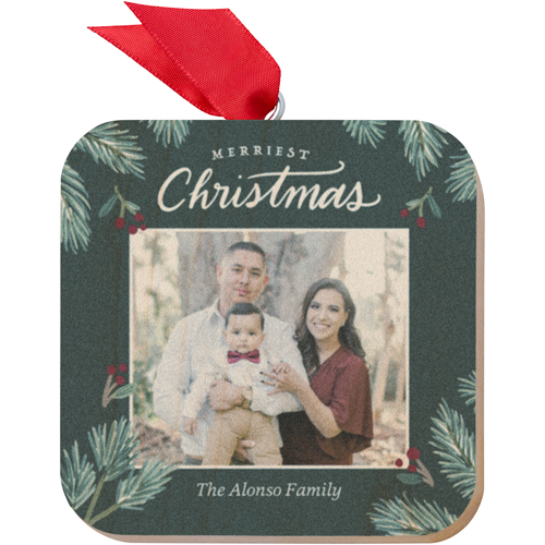 Merriest Christmas Foliage Wooden Ornament, Green, Square