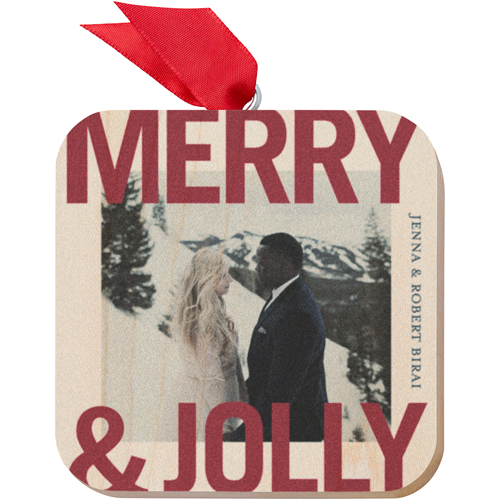 Merry and Jolly Wooden Ornament, Red, Square