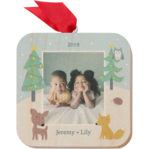 Woodland Creatures Christmas Wooden Ornament, Blue, Square
