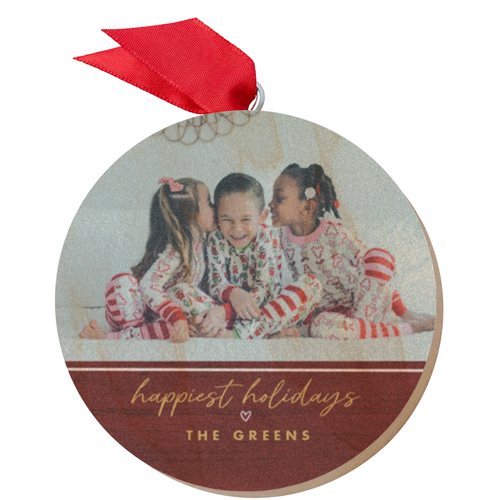 Happiest Holidays Frame Wooden Ornament, Red, Circle, fire engine