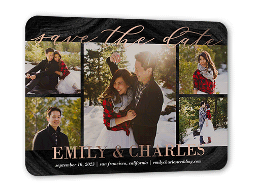 Lettered Gallery Save The Date, Black, Rose Gold Foil, 5x7, Matte, Personalized Foil Cardstock, Rounded
