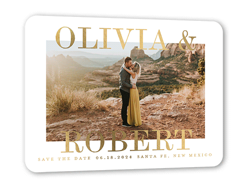 Bright Names Together Save The Date, Gold Foil, White, 5x7, Matte, Personalized Foil Cardstock, Rounded