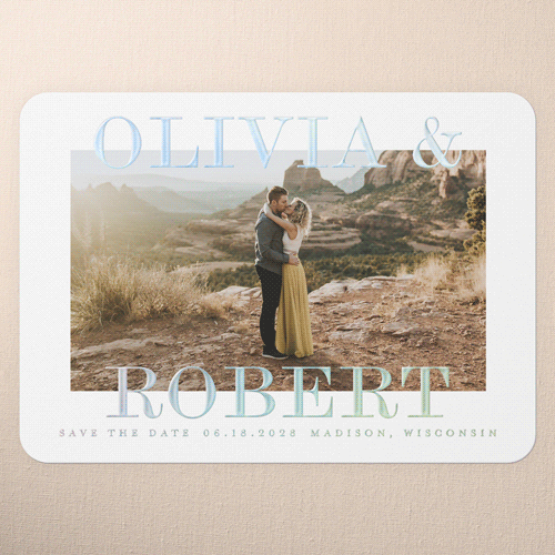 Bright Names Together Save The Date, Iridescent Foil, White, 5x7, Matte, Personalized Foil Cardstock, Rounded