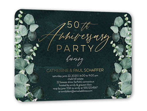 Eucalyptus Shadow Wedding Anniversary Invitation, Gold Foil, Green, 5x7, Matte, Personalized Foil Cardstock, Rounded, White