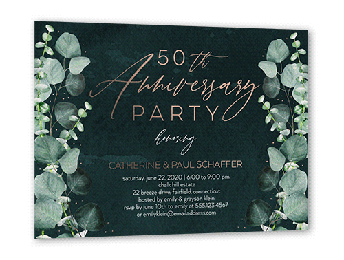 Eucalyptus Shadow Wedding Anniversary Invitation, Rose Gold Foil, Green, 5x7, Matte, Personalized Foil Cardstock, Square
