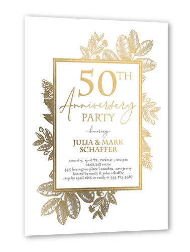 Formal Foliage Wedding Anniversary Invitation, Gold Foil, Beige, 5x7, Matte, Personalized Foil Cardstock, Square