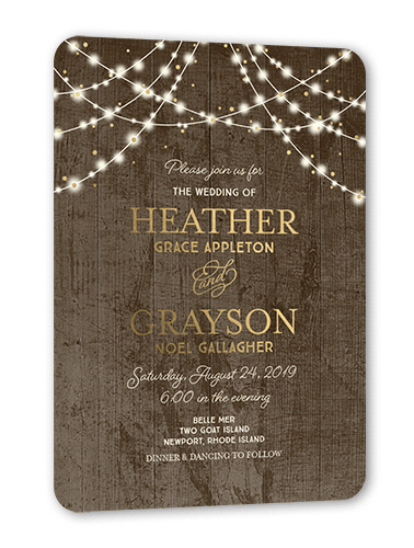 Glowing Celebration Wedding Invitation, Brown, Gold Foil, 5x7, Matte, Personalized Foil Cardstock, Rounded, Volcano