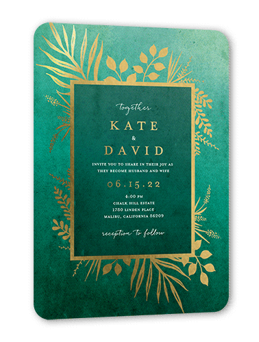 Tropic Fauna Wedding Invitation, Green, Gold Foil, 5x7, Matte, Personalized Foil Cardstock, Rounded