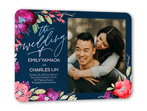 Gilded Flowers Wedding Invitation, Iridescent Foil, Blue, 5x7, Matte, Personalized Foil Cardstock, Rounded