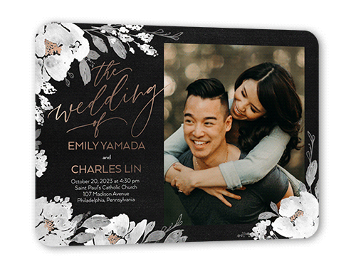 Gilded Flowers Wedding Invitation, Rose Gold Foil, White, 5x7, Matte, Personalized Foil Cardstock, Rounded