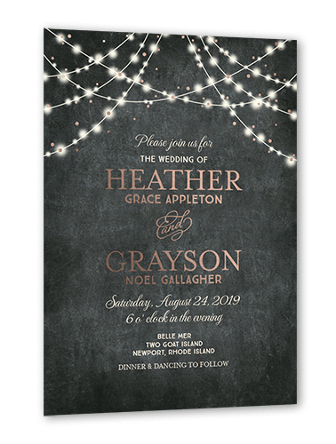 Glowing Celebration Wedding Invitation, Rose Gold Foil, Grey, 5x7, Matte, Personalized Foil Cardstock, Square, Charcoal