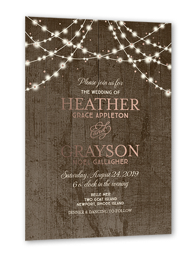 Glowing Celebration Wedding Invitation, Rose Gold Foil, Brown, 5x7, Matte, Personalized Foil Cardstock, Square