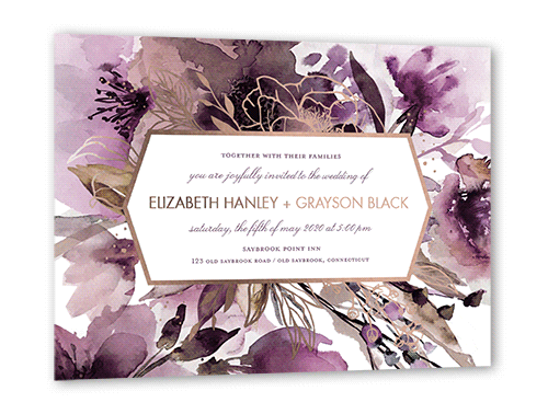 Abstract Bouquet Wedding Invitation, Rose Gold Foil, Purple, 5x7, Matte, Personalized Foil Cardstock, Square