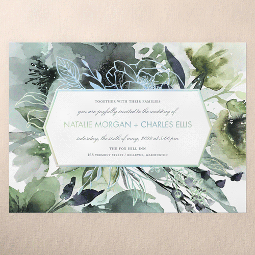 Abstract Bouquet Wedding Invitation, Blue, Iridescent Foil, 5x7, Matte, Personalized Foil Cardstock, Square
