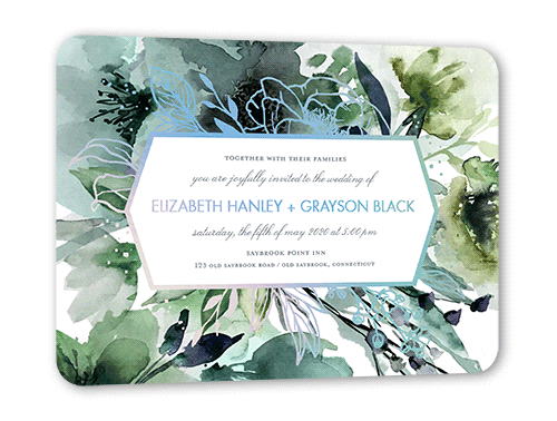 Abstract Bouquet Wedding Invitation, Iridescent Foil, Blue, 5x7, Matte, Personalized Foil Cardstock, Rounded