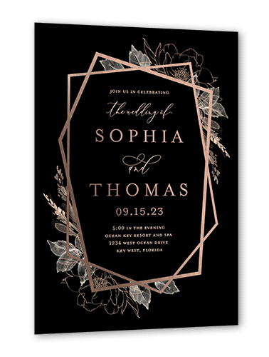 Etched Floral Wedding Invitation, Rose Gold Foil, Black, 5x7, Matte, Personalized Foil Cardstock, Square