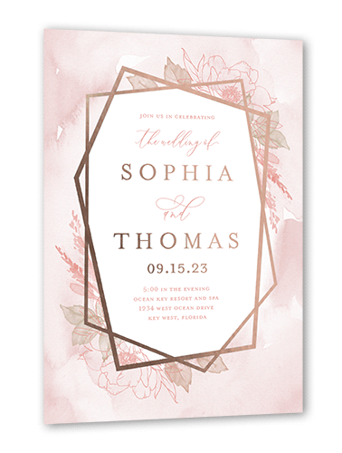Etched Floral Wedding Invitation, Rose Gold Foil, Pink, 5x7, Matte, Personalized Foil Cardstock, Square, White