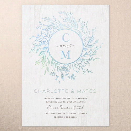 Garland Initials Wedding Invitation, Iridescent Foil, White, 5x7, Matte, Personalized Foil Cardstock, Square