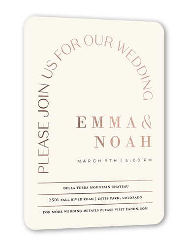 Arched Rehearsal Wedding Invitation, Rose Gold Foil, Beige, 5x7, Matte, Personalized Foil Cardstock, Rounded, Antique White