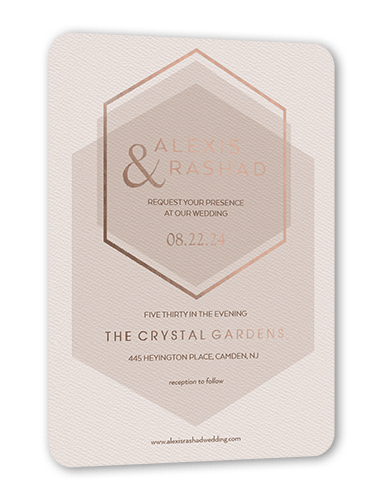 Modern Honeycomb Wedding Invitation, Beige, Rose Gold Foil, 5x7, Matte, Personalized Foil Cardstock, Rounded, Antique White