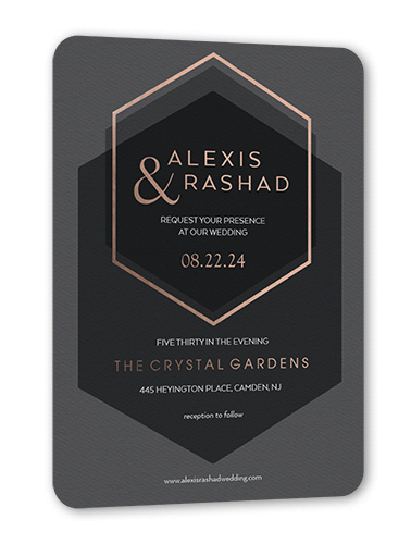 Modern Honeycomb Wedding Invitation, Grey, Rose Gold Foil, 5x7, Matte, Personalized Foil Cardstock, Rounded, Flint