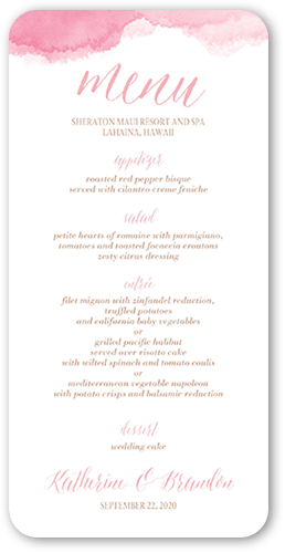 Simply Watercolor Wedding Menu, Pink, 4x8 Menu, Pearl Shimmer Cardstock, Rounded, Princess
