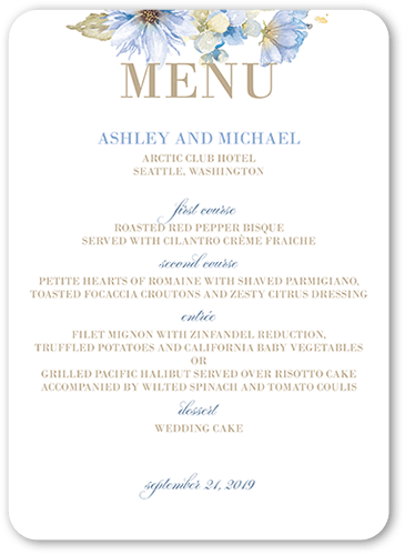 Watercolor Bouquet Wedding Menu, Blue, 5x7 Flat Menu, 100% Recycled Cardstock , Rounded, Light Blue