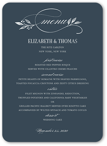 Classic Herald Wedding Menu, Blue, 5x7 Flat Menu, Pearl Shimmer Cardstock, Rounded