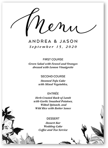 Crisp Petals Wedding Menu, Grey, 5x7 Flat Menu, Matte, Signature Smooth Cardstock, Square, Gunmetal