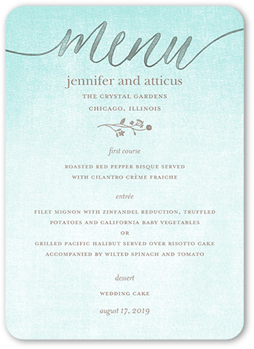 Delightful Blooms Wedding Menu, Blue, 5x7 Flat Menu, 100% Recycled Cardstock , Rounded, Mist