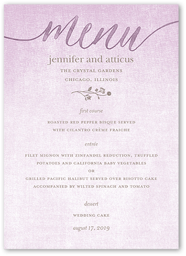 Delightful Blooms Wedding Menu, Purple, 5x7 Flat Menu, 100% Recycled Cardstock , Square, Violet