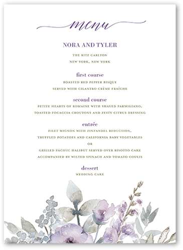 Diamond Blossoms Wedding Menu, Purple, 5x7 Flat Menu, 100% Recycled Cardstock , Square, Verbena