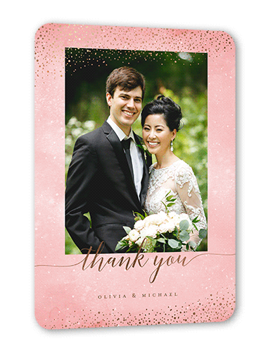 Resplendent Night Thank You Card, Pink, Rose Gold Foil, 5x7 Flat, Pearl Shimmer Cardstock, Rounded