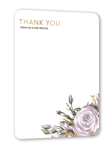 Crisp Petals Thank You Card, Gold Foil, Purple, 5x7 Flat, Pearl Shimmer Cardstock, Rounded