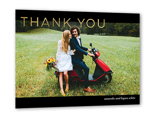 Flourishing Thanks Thank You Card, Black, Gold Foil, 5x7 Flat, Pearl Shimmer Cardstock, Square, Black