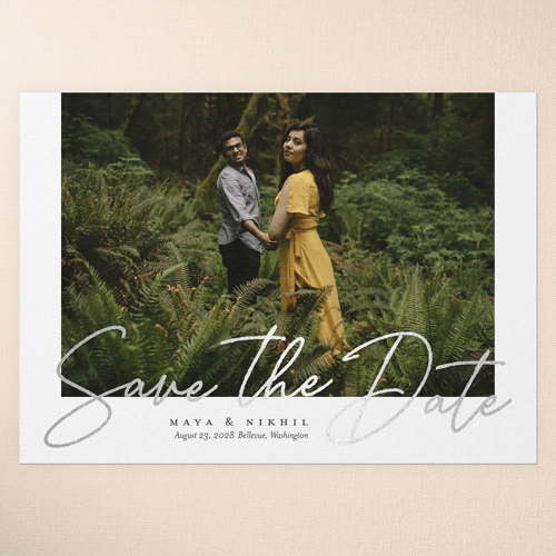 Homey Script Save The Date, White, Silver Foil, 5x7 Flat, Matte, Signature Smooth Cardstock, Square