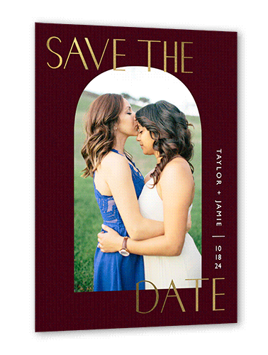 Arch Frame Save The Date, Gold Foil, Red, 5x7, Pearl Shimmer Cardstock, Square