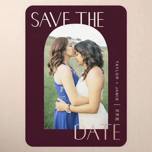 Arch Frame Save The Date, Rose Gold Foil, Red, 5x7 Flat, Pearl Shimmer Cardstock, Rounded, Rich Burgundy